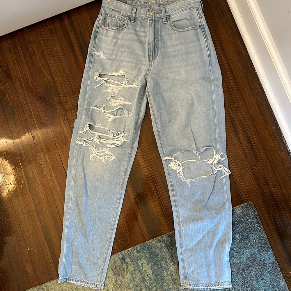 American Eagle Light Wash Mom Jeans with Rips